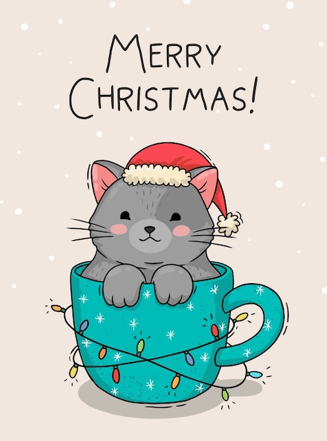 Kerstkaart illustratie met een kat in een beker