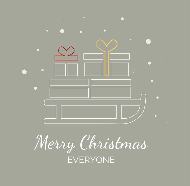 Kerstkaart in een minimalistische stijl met het silhouet van een slee met cadeaus