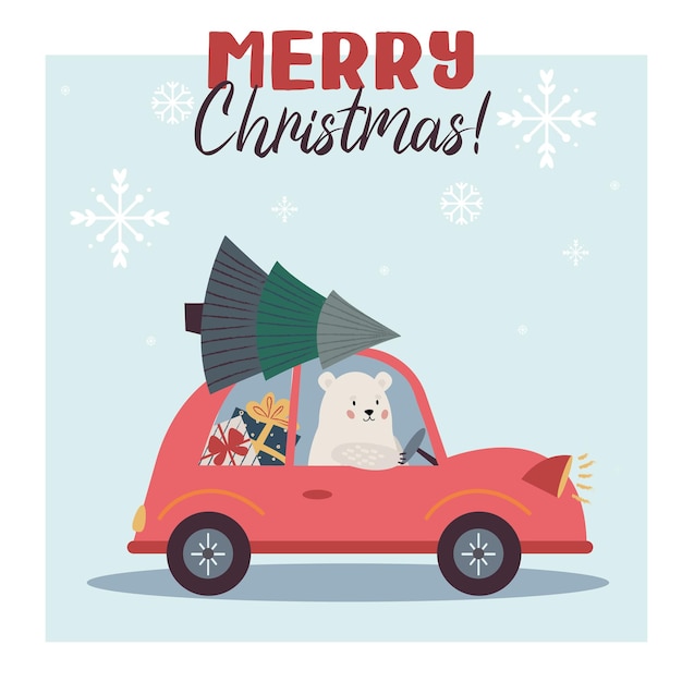 Kerstkaart Merry cristmas met witte beer die de rode auto bevrijdt