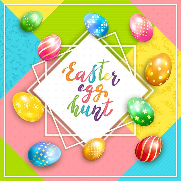 Kerstkaart met belettering Easter Egg Hunt en beschilderde paaseieren op kleurrijke achtergrond, afbeelding.