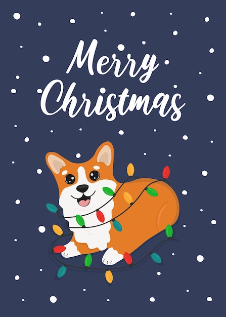 Kerstkaart met Corgi met kleurrijke kerstslinger Groettekst Merry Christmas Mooie illustratie voor wenskaarten, posters en seizoensontwerp