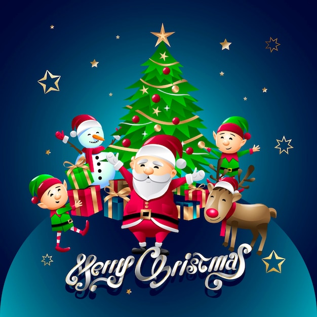 Vector kerstkaart met de kerstman, elfen, rendieren en sneeuwman op een kerstboom