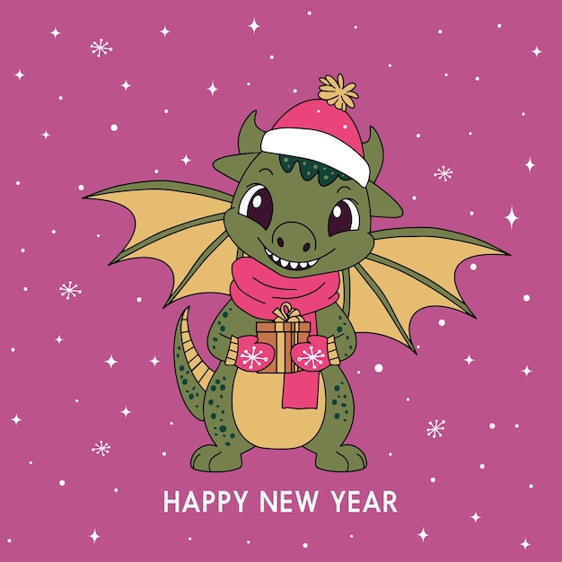 Kerstkaart met een schattig groen draaksymbool van 2024 Grappige groene draak met een cadeau Vrolijk kerstfeest en gelukkig nieuwjaarskaart Vector Vectorillustratie