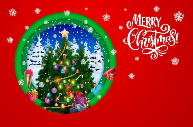Kerstkaart met gedecoreerde dennenboom en geschenken Nieuwjaarsviering wintervakantie of vrolijke kerstkaart met gedecoreerde vectorbanner met kerstboomgeschenken