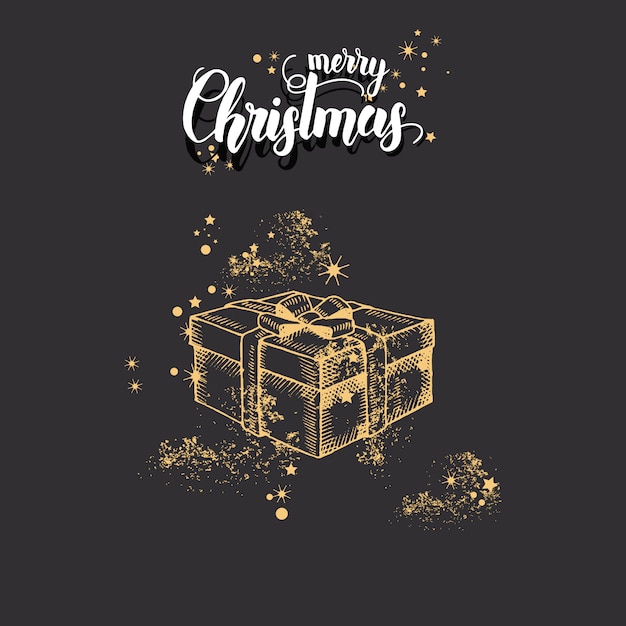 Vector kerstkaart met hand getrokken doodle gouden kerstcadeau en glitter op zwart. met de hand gemaakt citaat