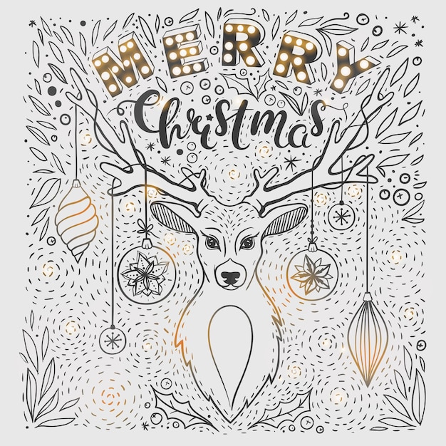 Kerstkaart met herten en met de hand getekende letters Vector kerstwenskaart met herten