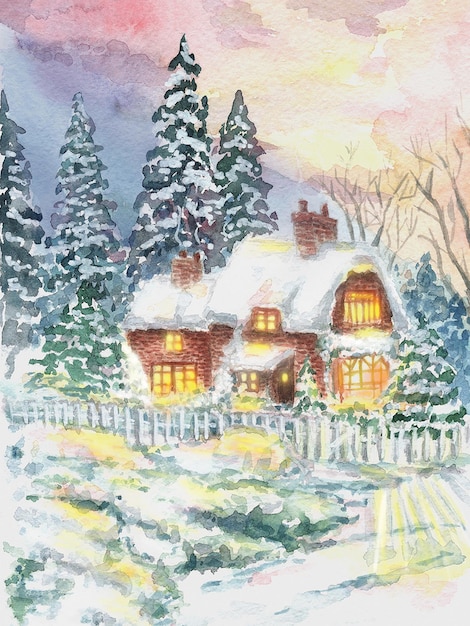 kerstkaart met huis met licht van ramen