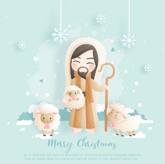 Kerstkaart met jezus en zijn schapen.