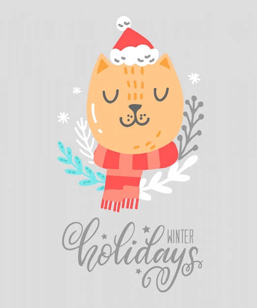 Vector kerstkaart met schattige dieren. leuke gemberkat met sjaal, kerstmuts, bloemenelementen, sneeuwvlokken. wenskaart