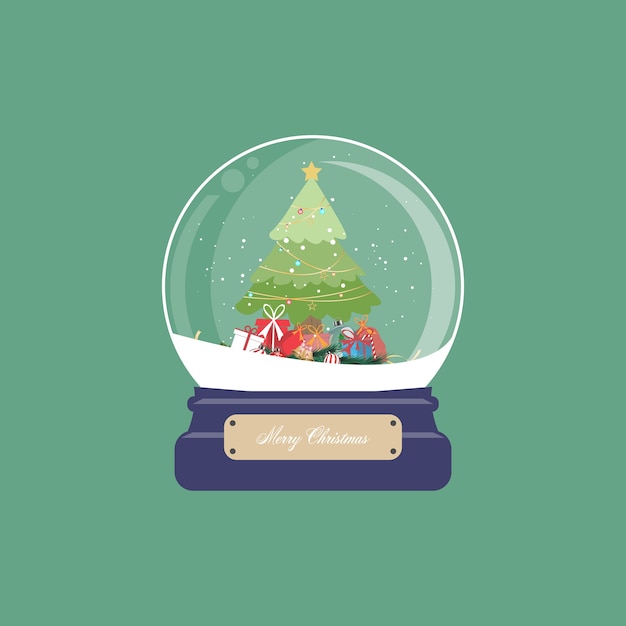 Kerstkaart met sneeuwbol en kerstboom met geschenken en ornament op groene achtergrond. illustratie.