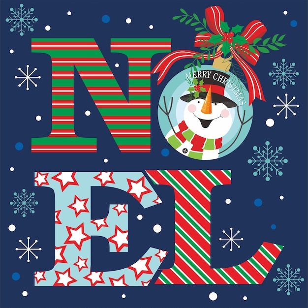 Kerstkaart met sneeuwman in bauble en noel