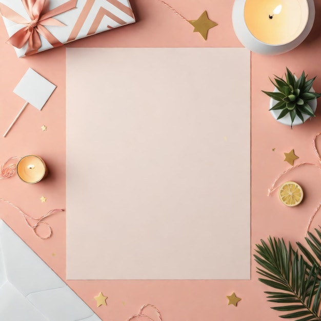 kerstkaart mockup met kerstversieringen op roze papier achtergrond plat liggen bovenkant