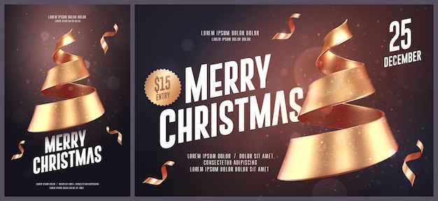 Kerstkaart of flyer en poster sjabloon met gouden kerstboom gemaakt van lint. illustratie