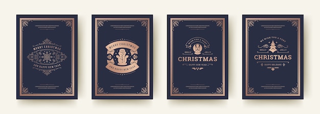 Kerstkaarten instellen vintage typografisch ontwerp sierlijke decoraties symbolen