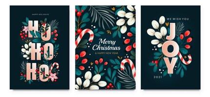 Vector kerstkaarten met versieringen van takken, bessen en bladeren. een set kaarten met vakantiegroeten.