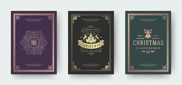 Kerstkaarten vintage typografisch ontwerp sierlijke decoraties symbolen met dennenboom winter