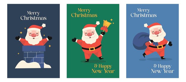 Vector kerstkaartenset met illustraties van de kerstman vrolijk kerstfeest vectorgrafiek