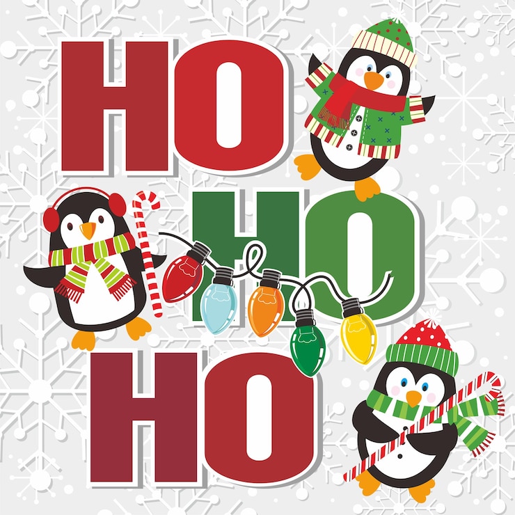 Vector kerstkaartontwerp met schattige pinguïns lichten en ho ho ho
