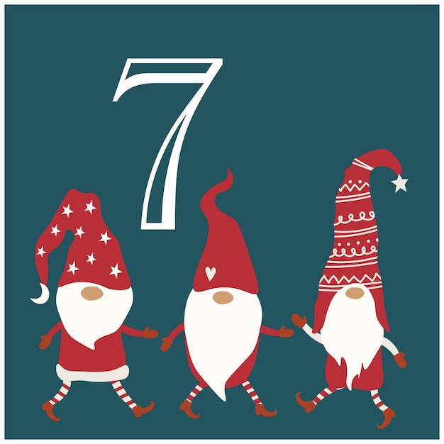 Kerstkabouters adventskalender, vectorillustratie kerstavond creatieve winterset met getallen