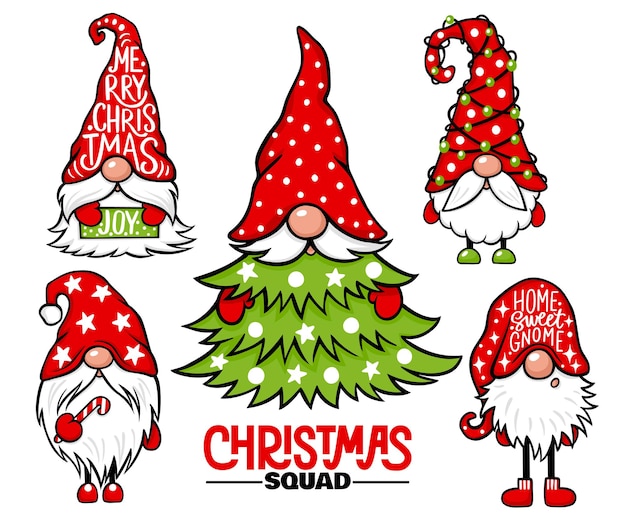 Kerstkabouters vector set. Kerst citaten. Schattige elf geïsoleerd op wit. Stripfiguren. Xmas ontwerp voor vakantie decoratie, wenskaarten, cadeaulabels, t-shirt print.