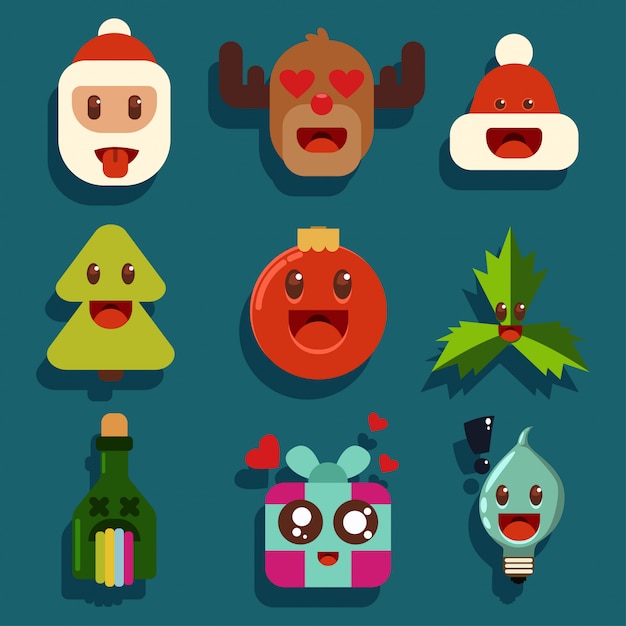 Vector kerstkawaiikarakters met verschillende emoties. kerstman, rendier, fles champagne