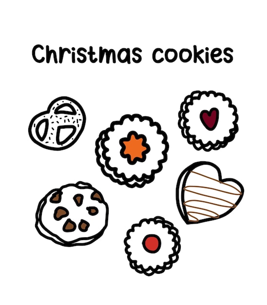 Kerstkoekjes Getekende snoepjes in doodle styleCookie iconen