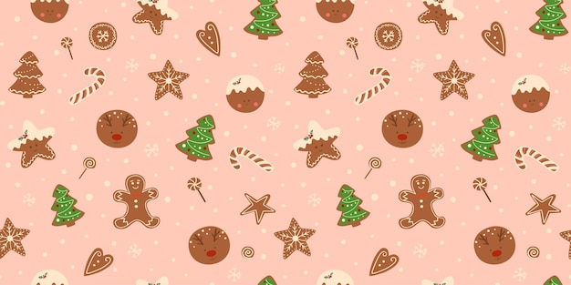 Kerstkoekjes naadloze patroon op roze achtergrond Vector Kerstdessert herhalen afdrukken hand getrokken smakelijke peperkoek illustratie Zoet ontwerp voor behang textiel achtergrond inpakpapier