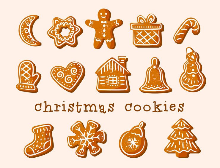 Vector kerstkoekjes. ontbijtkoek. heerlijke beeldjes versierd met wit glazuur.