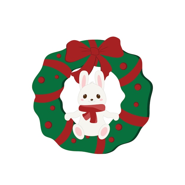 Vector kerstkrans en schattig konijn in een sjaal.
