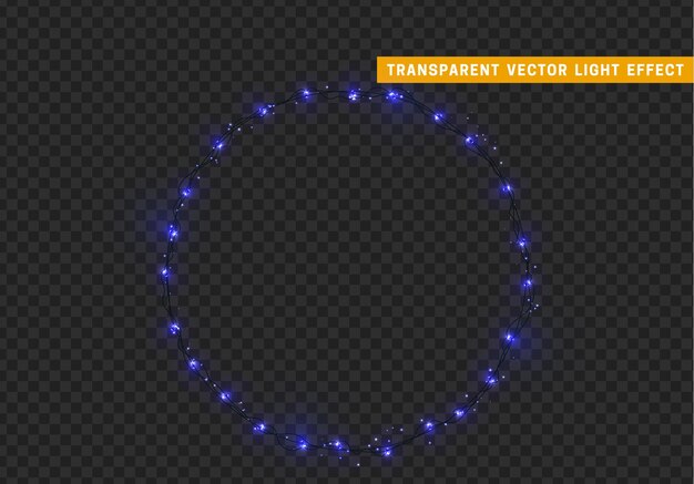 Kerstkrans, frame van New Year's heldere gloeiende lichten van slingers. Lichteffect Xmas decoratie ronde ring. Geïsoleerd op een transparante achtergrond. Ontwerpelement. vectorillustratie.