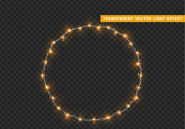 Kerstkrans, frame van New Year's heldere gloeiende lichten van slingers. Lichteffect Xmas decoratie ronde ring. Geïsoleerd op een transparante achtergrond. Ontwerpelement. vectorillustratie.