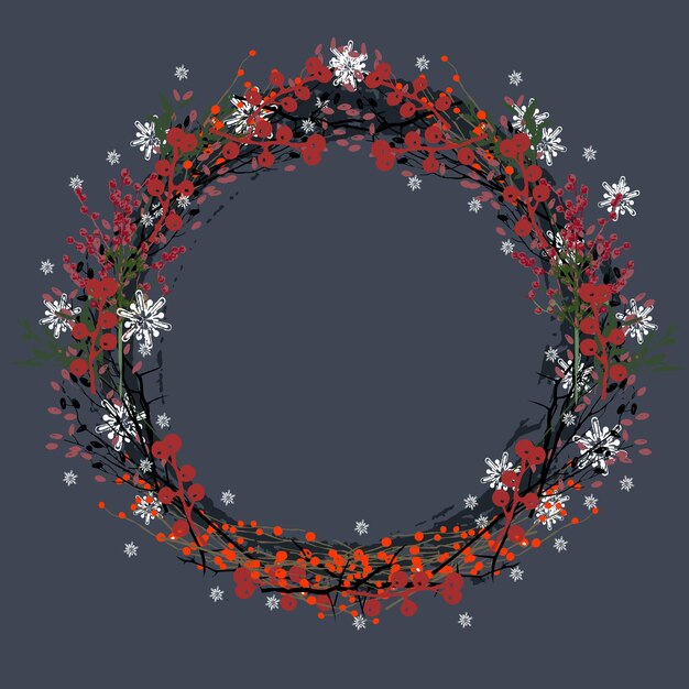 Kerstkrans op donkerblauwe achtergrond. Kerstdecor, takken van sparren, maretak, sneeuwvlokken, hulst. Vector illustratie.