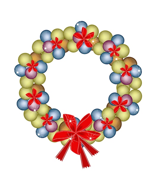 Kerstkrans van kerstballen en rode strikken