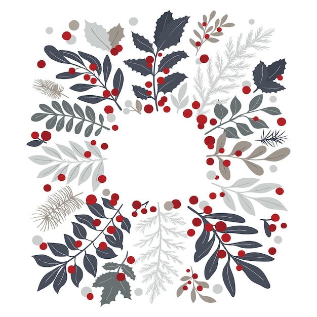 Kerstkrans van maretak en hulst Frame van winterplanten voor gelukkig nieuwjaarsgroeten of ansichtkaarten