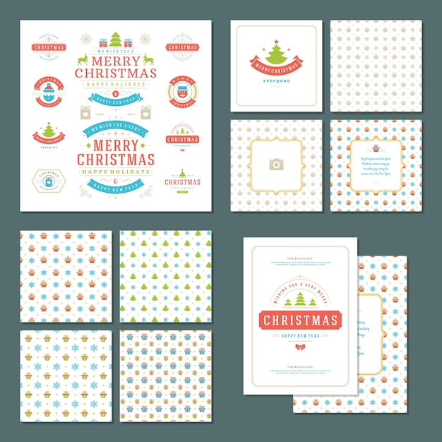 Kerstlabels en badges vectorontwerpelementen set en groetekaartjes sjablonen
