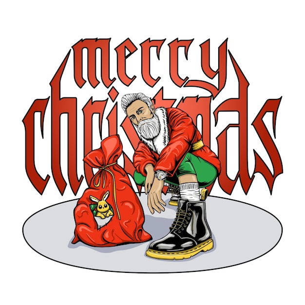 Vector kerstman biker met kerstcadeaus en gotische letters