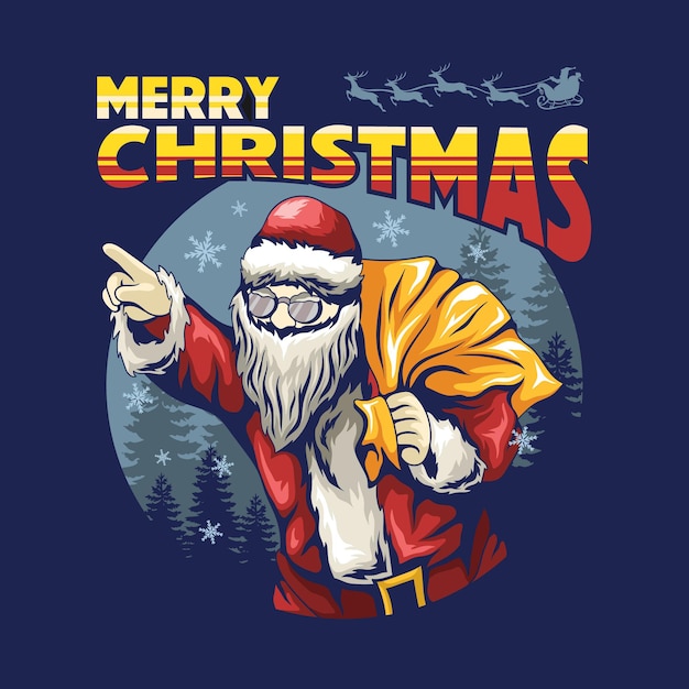 Kerstman brengt een zak met kerstcadeau artwork t-shirt design, merry christmas poster illustration