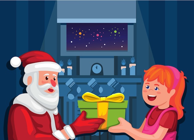 Kerstman cadeau geven aan meisje op kerst seizoen cartoon illustratie vector