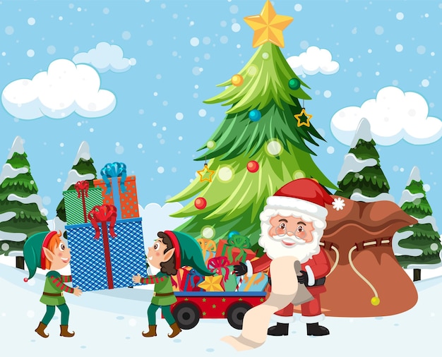 Kerstman en elfen bezorgcadeau voor Kerstmis
