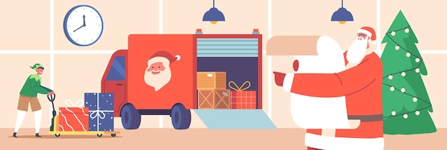 Vector kerstman en elfhelper die geschenken in vrachtwagen laden voor levering aan kinderen noel kerstpersonage-leeslijst en dwerg