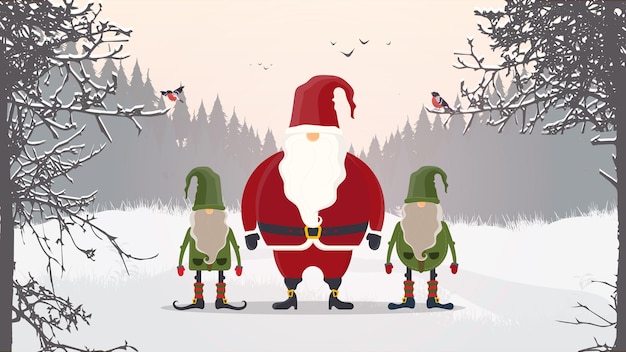 Kerstman en kerstkabouters in het winterbos. vector.