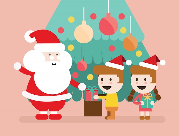 Kerstman en kinderen met plezier. kerst achtergrond. platte karakterontwerp. vector illustratie