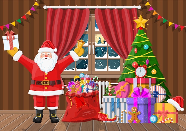 Kerstman in de kamer met kerstboom en geschenken. vrolijke kersttafereel