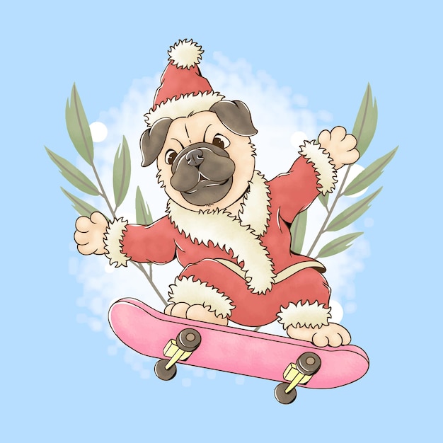 Vector kerstman kerst mopshond skateboarden