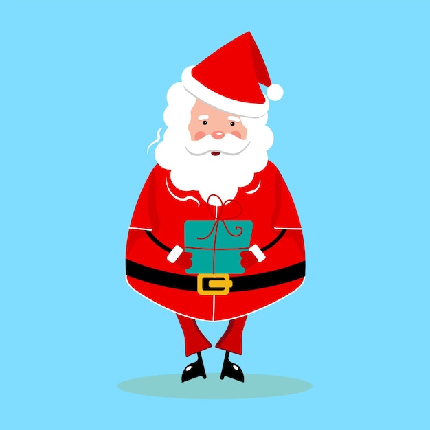 Kerstman met een geschenk in zijn handen op een geïsoleerde blauwe achtergrond