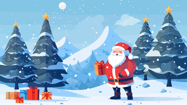 Kerstman met geschenken en kerstbomen prettige kerstdagen en gelukkig nieuwjaar vectorillustratie eps 10