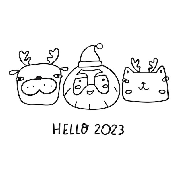 Kerstman met hond en kat. hallo 2023. overzicht vectorillustratie op witte achtergrond.