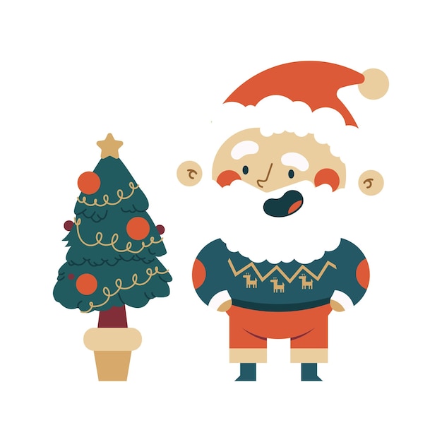 Kerstman met kerstboom vector cartoon illustratie geïsoleerd op een witte achtergrond