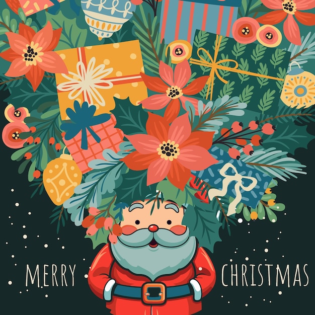 Vector kerstman met kleurrijke geschenken en kerstboom vectorontwerp vrolijke kerstpost en kaartontwerp
