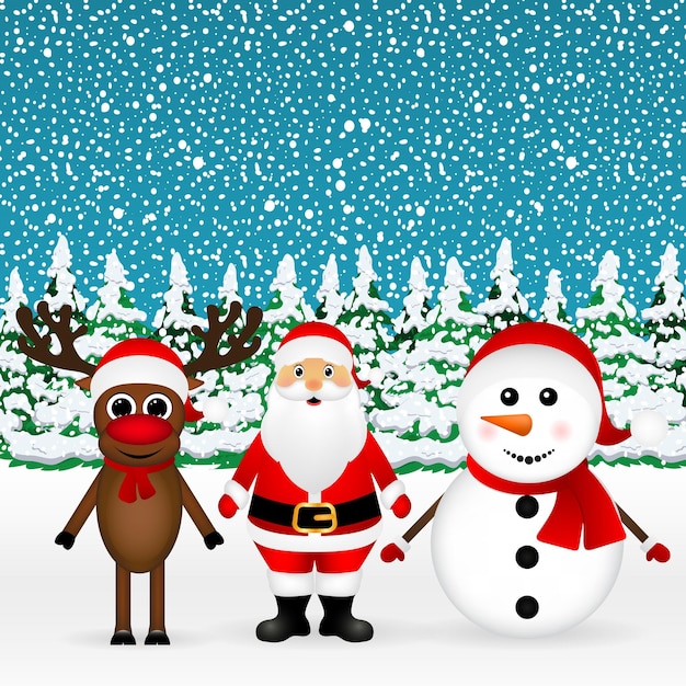 Kerstman met rendieren en een sneeuwpop staande op een witte achtergrond vectorillustratie